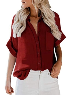 ZC&GF Women's Long Sleeve V-Neck Stripes Casual Blouses Pocket Button Down Shirt Tops