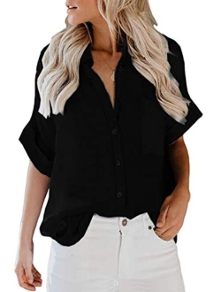 ZC&GF Women's Long Sleeve V-Neck Stripes Casual Blouses Pocket Button Down Shirt Tops