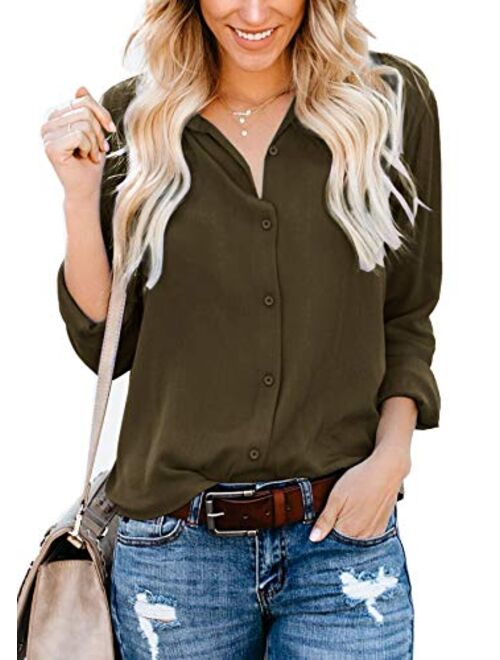 ZC&GF Women's Long Sleeve V-Neck Stripes Casual Blouses Pocket Button Down Shirt Tops