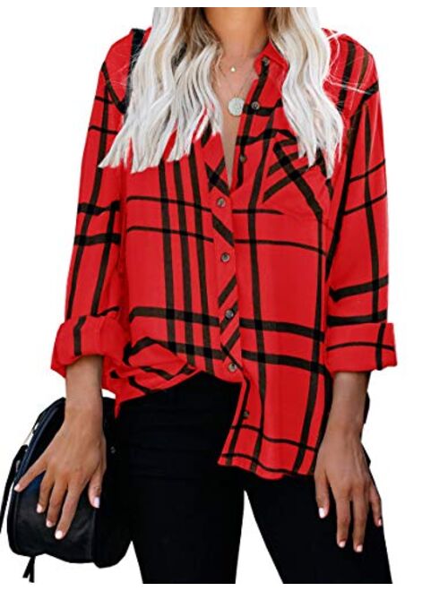 ZC&GF Women's Long Sleeve V-Neck Stripes Casual Blouses Pocket Button Down Shirt Tops