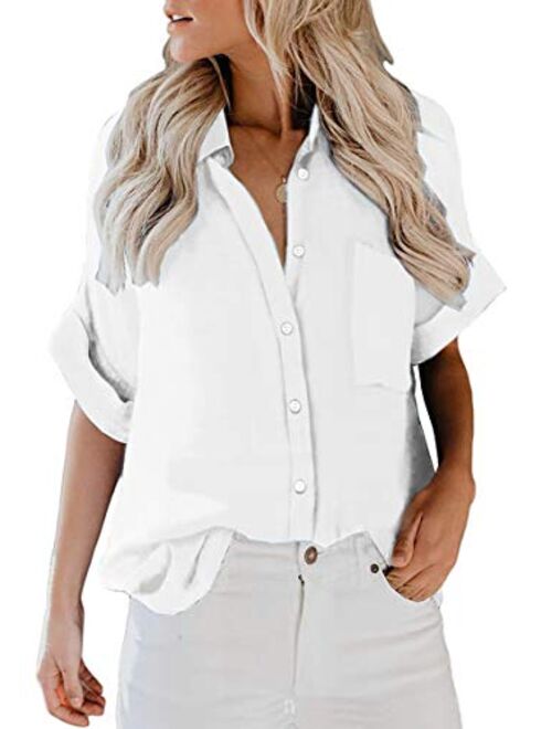 ZC&GF Women's Long Sleeve V-Neck Stripes Casual Blouses Pocket Button Down Shirt Tops