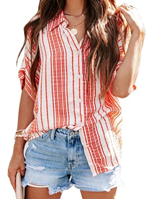 ZC&GF Women's Long Sleeve V-Neck Stripes Casual Blouses Pocket Button Down Shirt Tops