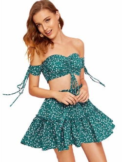 Women's Two Piece Outfit Off Shoulder Drawstring Crop Top and Skirt Set