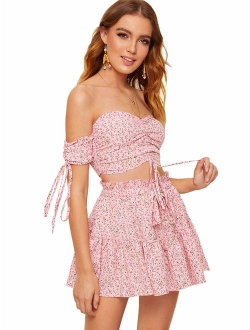 Women's Two Piece Outfit Off Shoulder Drawstring Crop Top and Skirt Set