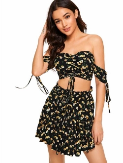 Women's Two Piece Outfit Off Shoulder Drawstring Crop Top and Skirt Set