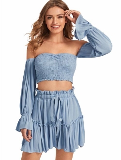 Women's Two Piece Outfit Off Shoulder Drawstring Crop Top and Skirt Set