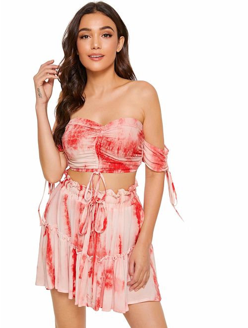 Floerns Women's Two Piece Outfit Off Shoulder Drawstring Crop Top and Skirt Set