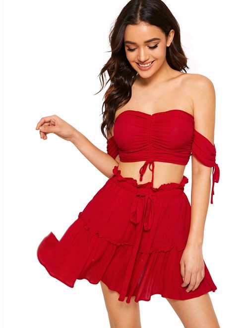 Floerns Women's Two Piece Outfit Off Shoulder Drawstring Crop Top and Skirt Set