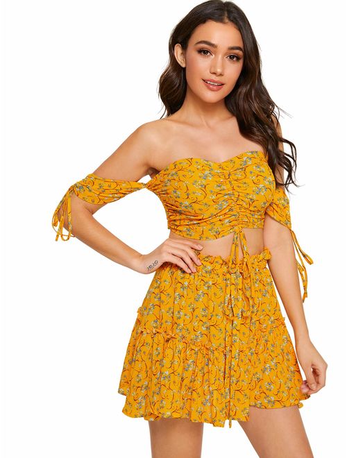 Floerns Women's Two Piece Outfit Off Shoulder Drawstring Crop Top and Skirt Set