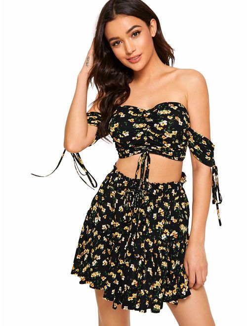 Floerns Women's Two Piece Outfit Off Shoulder Drawstring Crop Top and Skirt Set