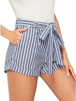 Women's Casual Elastic Waist Striped Summer Beach Shorts with Pockets