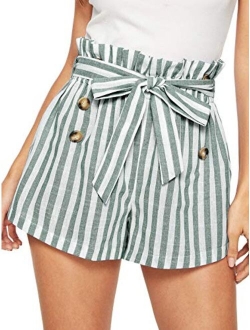 Women's Casual Elastic Waist Striped Summer Beach Shorts with Pockets