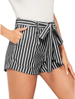 Women's Casual Elastic Waist Striped Summer Beach Shorts with Pockets