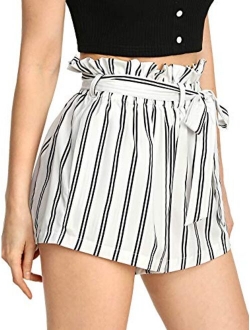 Women's Casual Elastic Waist Striped Summer Beach Shorts with Pockets