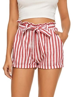 Women's Casual Elastic Waist Striped Summer Beach Shorts with Pockets