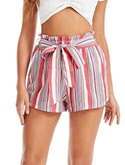 Women's Casual Elastic Waist Striped Summer Beach Shorts with Pockets