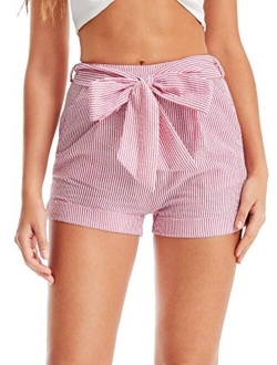 Women's Casual Elastic Waist Striped Summer Beach Shorts with Pockets