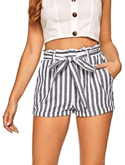 Women's Casual Elastic Waist Striped Summer Beach Shorts with Pockets