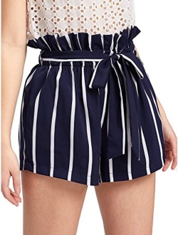 Women's Casual Elastic Waist Striped Summer Beach Shorts with Pockets