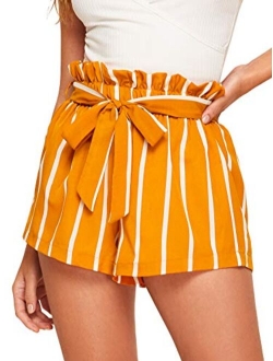 Women's Casual Elastic Waist Striped Summer Beach Shorts with Pockets