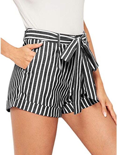 SweatyRocks Women's Casual Elastic Waist Striped Summer Beach Shorts with Pockets