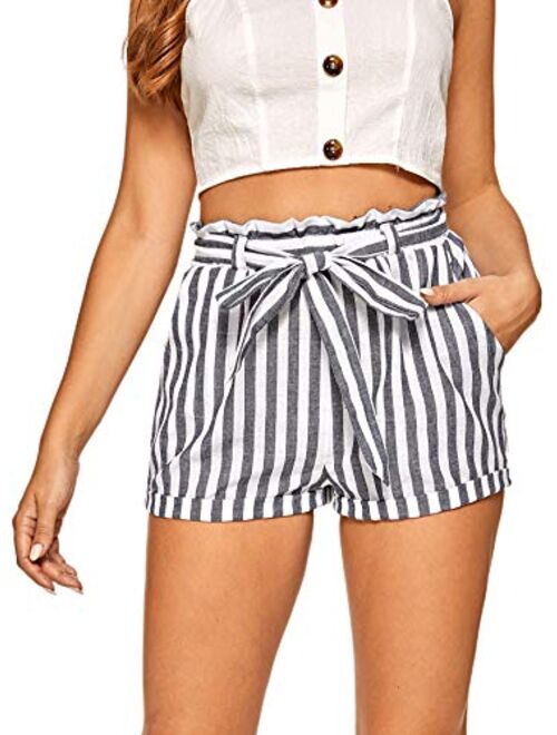 SweatyRocks Women's Casual Elastic Waist Striped Summer Beach Shorts with Pockets