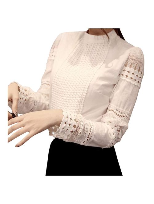 Smile Fish Women Hollow Out Back Zipper Lace Long Sleeve Elegant Blouse