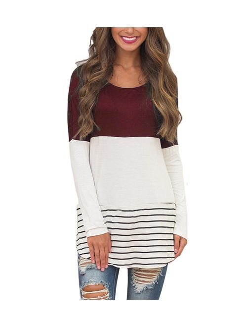 Hount Womens Back Lace Color Block Tunic Tops Long Sleeve T-Shirts Blouses with Striped Hem