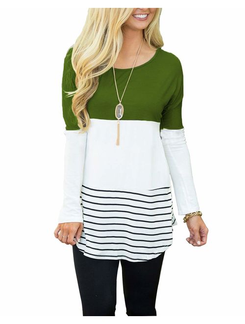 Hount Womens Back Lace Color Block Tunic Tops Long Sleeve T-Shirts Blouses with Striped Hem