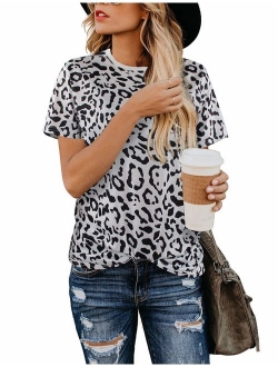 Womens Leopard Print Tops Short Sleeve Round Neck Casual T Shirts Tees