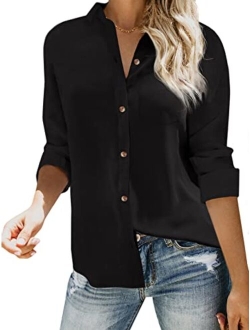 Womens Button Down V Neck Shirts Long Sleeve Blouse Roll Up Cuffed Sleeve Casual Work Plain Tops with Pockets