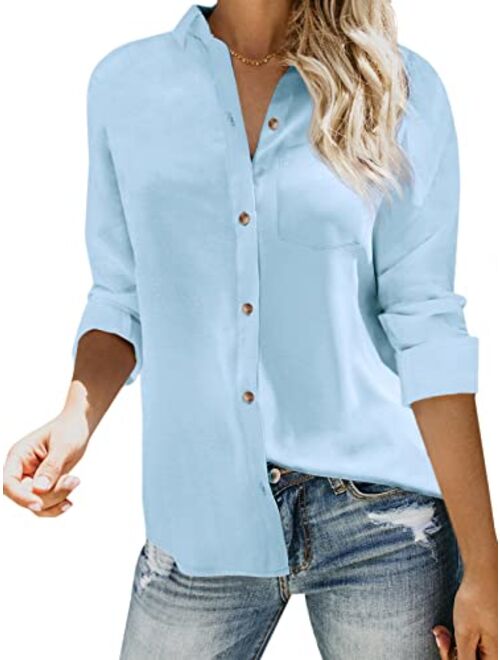 Womens Button Down V Neck Shirts Long Sleeve Blouse Roll Up Cuffed Sleeve Casual Work Plain Tops with Pockets