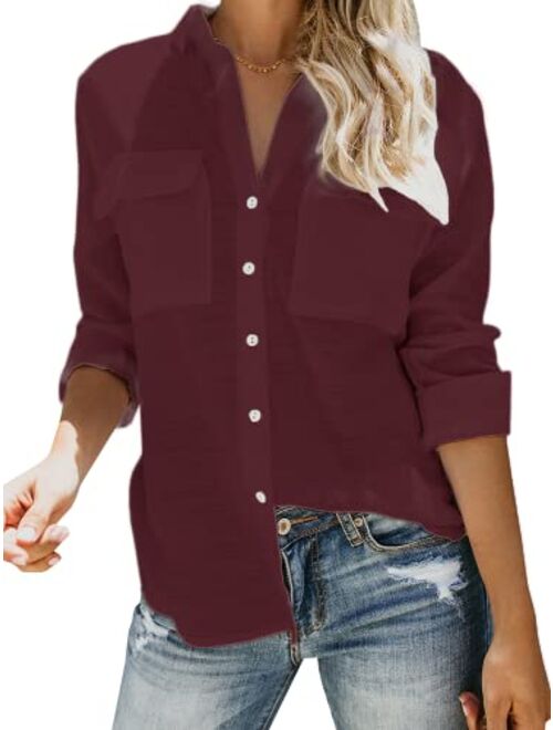 Womens Button Down V Neck Shirts Long Sleeve Blouse Roll Up Cuffed Sleeve Casual Work Plain Tops with Pockets