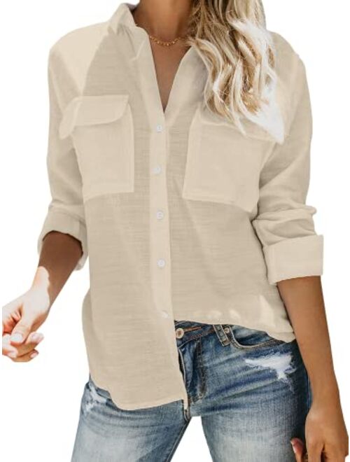 Womens Button Down V Neck Shirts Long Sleeve Blouse Roll Up Cuffed Sleeve Casual Work Plain Tops with Pockets