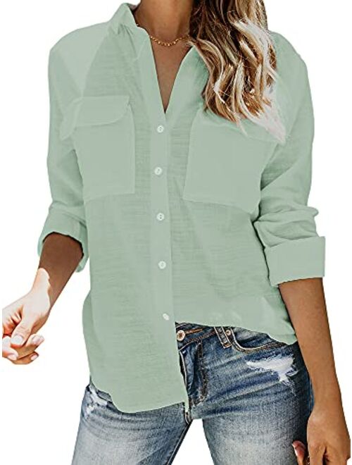 Womens Button Down V Neck Shirts Long Sleeve Blouse Roll Up Cuffed Sleeve Casual Work Plain Tops with Pockets