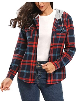 Classic Plaid Cotton Hoodies for Women - Flannel Long Sleeve Button-Up Drawstring Shirt with Pockets Casual Outfits