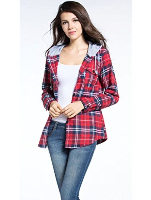 Classic Plaid Cotton Hoodies for Women - Flannel Long Sleeve Button-Up Drawstring Shirt with Pockets Casual Outfits