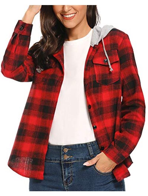 Classic Plaid Cotton Hoodies for Women - Flannel Long Sleeve Button-Up Drawstring Shirt with Pockets Casual Outfits