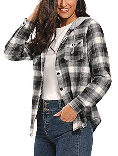 Classic Plaid Cotton Hoodies for Women - Flannel Long Sleeve Button-Up Drawstring Shirt with Pockets Casual Outfits