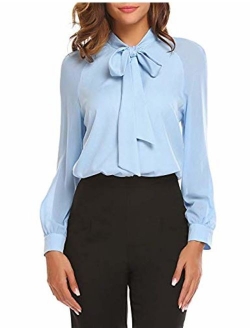 ACEVOG Women Bow Tie Neck Chiffon Blouses Sheer Long Sleeve Patchwork Casual Button Shirts