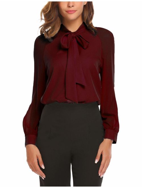 ACEVOG Women Bow Tie Neck Chiffon Blouses Sheer Long Sleeve Patchwork Casual Button Shirts