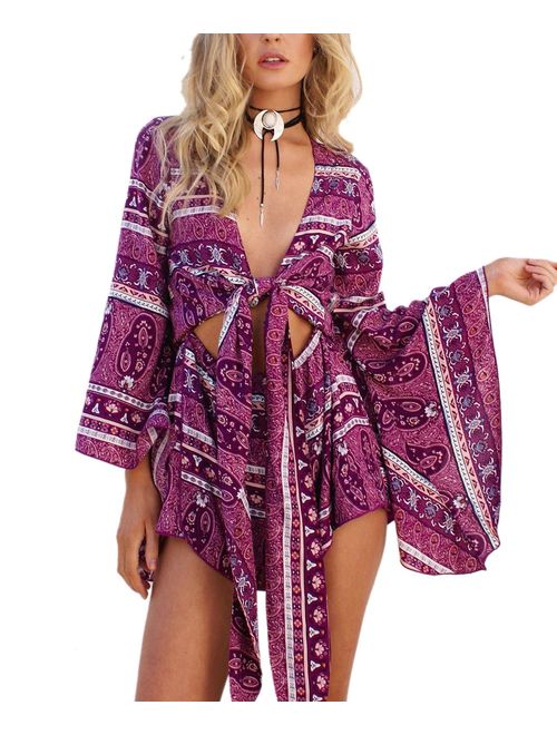 AELSON Women's Boho V Neck Print Romper Playsuit with Long Flare Sleeves