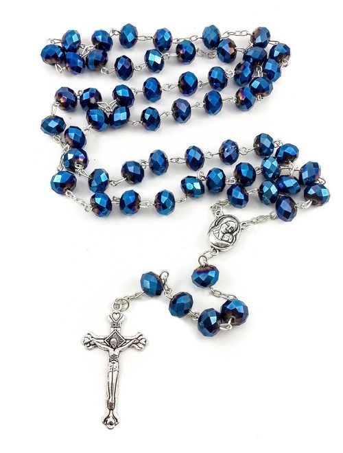 Nazareth Store Deep Blue Crystal Beads Rosary Catholic Necklace Holy Soil Medal Cross Crucifix Velvet Bag