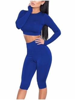 Amilia Womens Sexy Long Sleeve Crop Tops High Waist Leggings 2 Piece Bodycon Set Casual Outfit Tracksuit