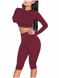 Amilia Womens Sexy Long Sleeve Crop Tops High Waist Leggings 2 Piece Bodycon Set Casual Outfit Tracksuit