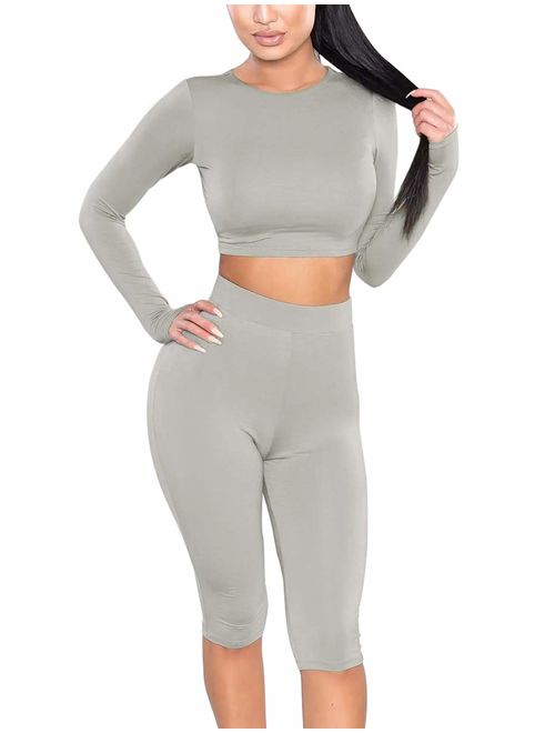 Amilia Womens Sexy Long Sleeve Crop Tops High Waist Leggings 2 Piece Bodycon Set Casual Outfit Tracksuit