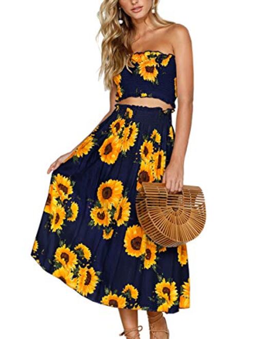 Angashion Women's Floral Crop Top Maxi Skirt Set 2 Piece Outfit Dress