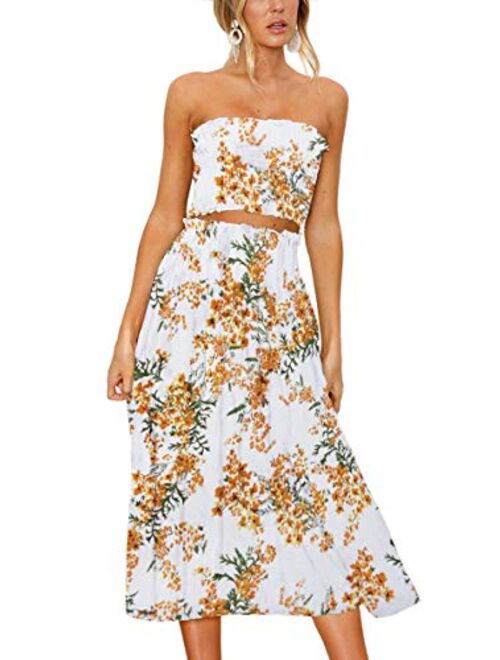 Angashion Women's Floral Crop Top Maxi Skirt Set 2 Piece Outfit Dress