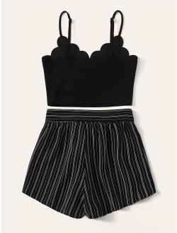 Women's 2 Piece Outfit Summer Striped V Neck Crop Cami Top with Shorts