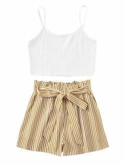 Women's 2 Piece Outfit Summer Striped V Neck Crop Cami Top with Shorts